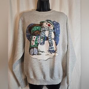 Vintage Gray Snowman and Teddybear Glitter Christmas  Sweatshirt Holiday Size L